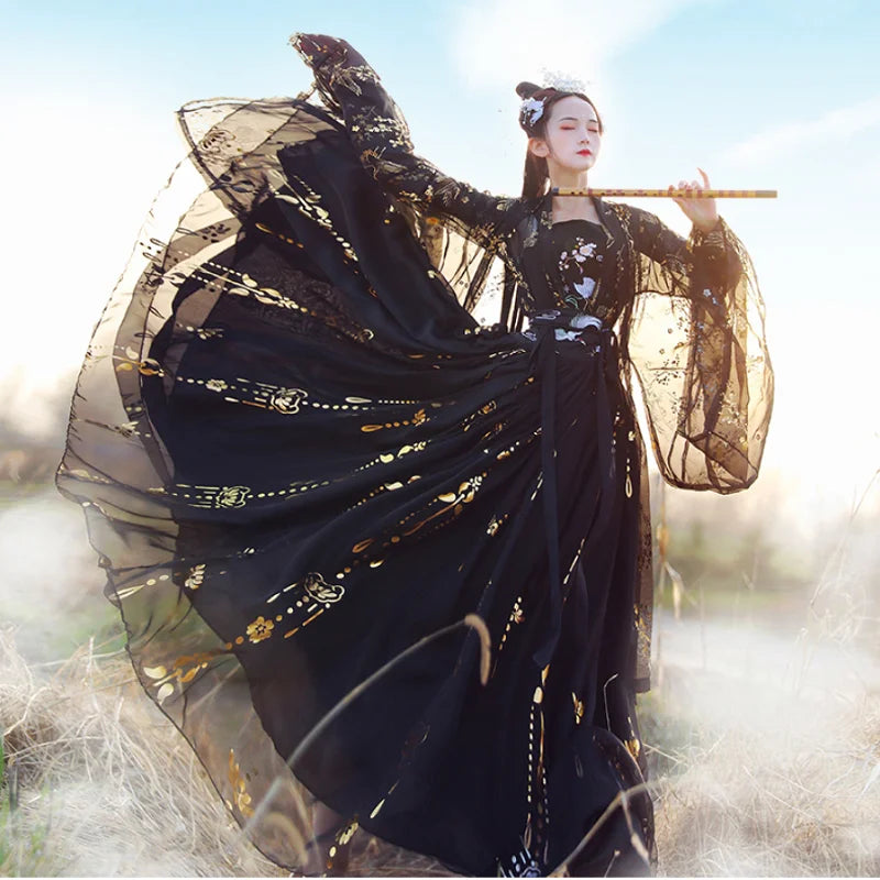 Solredo Chinese Ancient Costumes Traditional Hanfu Women's Folk Dance Clothes Retro Girl Cosplay Fairy Princess Black Dresses