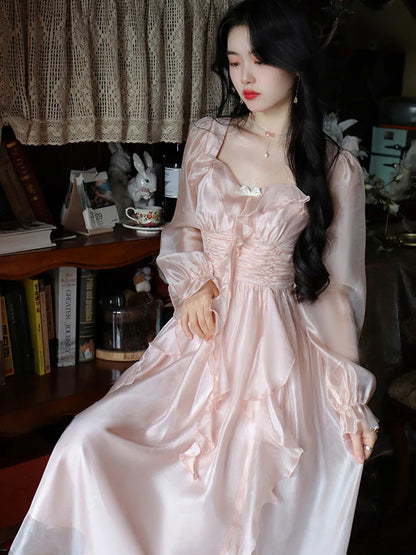 2024 Autumn Vintage Party Midi Dress Women Pink Fairy Korean Style Sweet Dress Female Bubble Sleeve Elegant Evening Party Dress