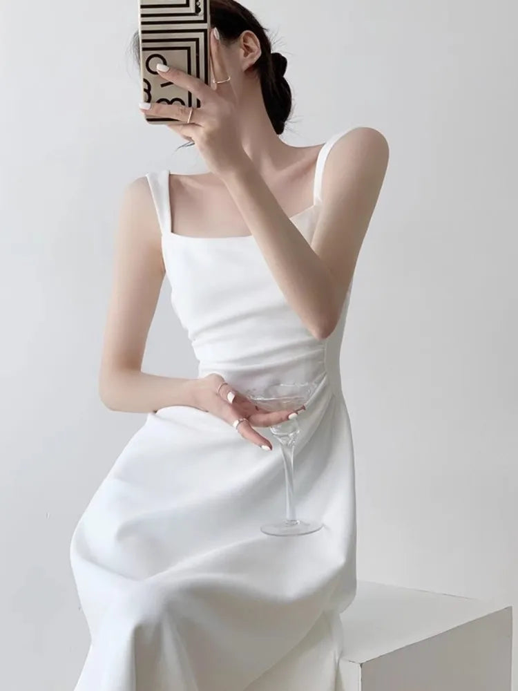 vmtvr Elegant Summer Solid Midi Dress Women Spaghetti Strap Square Collar High Waist Slim Evening Party Dresses Prom Robe Vestido New