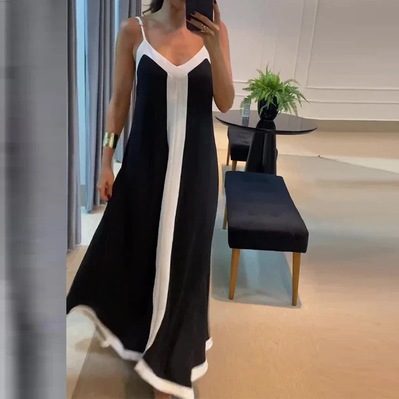 vmtvr 2024 Spring V Neck Backless Sling Long Dress Women Casual Contrast Color Patchwork Party Dress Summer Sleeveless Boho Maxi Dress