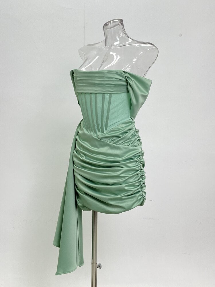 New Green Satin Draping Off Shoulder Corset Dress Elegant Backless Pleated Slim Mini Dress Celebrity Club Night Party Evening