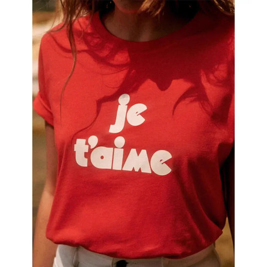 -Retro sports style outfit streetwear 90s fashion Je T'aime French Letters Printing Female Chic Short Sleeve T Shirts Red Short Sleeve 100% Cotton Casual Tops Ins Fashion Tees