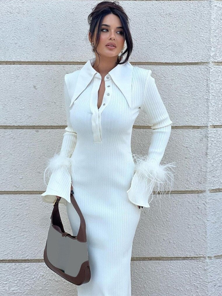 vmtvr - Fashion Elegant Polo Collar Feathers Long Sleeve Long Dress White Streetwear Autumn Winter Bodycon Wedding Party Evening Dresses