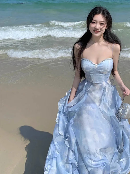 Fashion 2024 Summer Blue Fairy Midi Holiday Dress Ruffles Sexy Strap Slip Dress Sleeveless Vacation Beach Seaside Photo Skirt