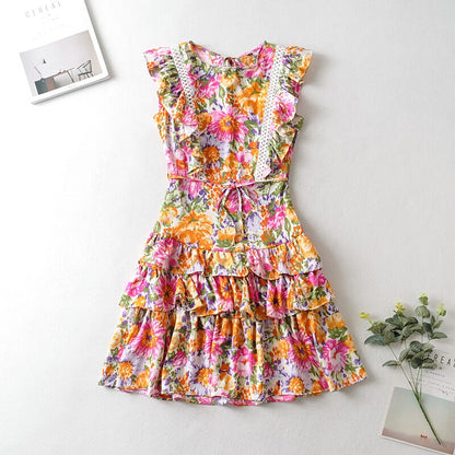 vmtvr - Happie Queens Women Floral Print O-neck Beach Bohemian Dresses Ruffles Button Cotton Sexy Mini Dress Vestidos