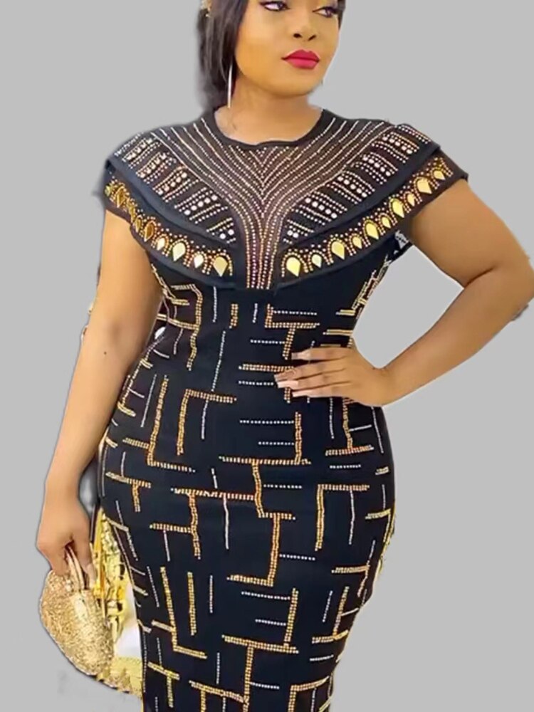 Women Bodycon Party Dress O Neck Shiny African Elegant Luxury Rihnestone Patchwork Shiny Large Size Ladies Gowns Summer  New