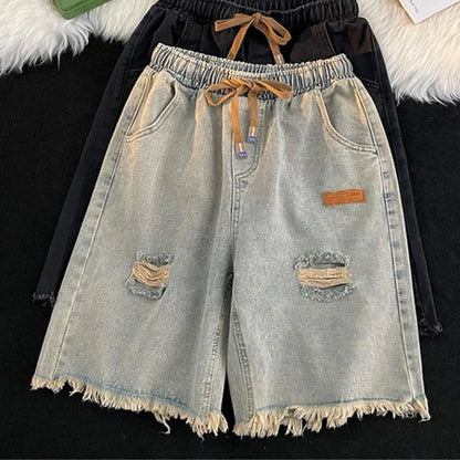 vmtvr Women Ripped Denim Shorts Summer Korean Fashion Tassels Loose Wide Leg Pants Casual Streetwear Female High Waist Shorts