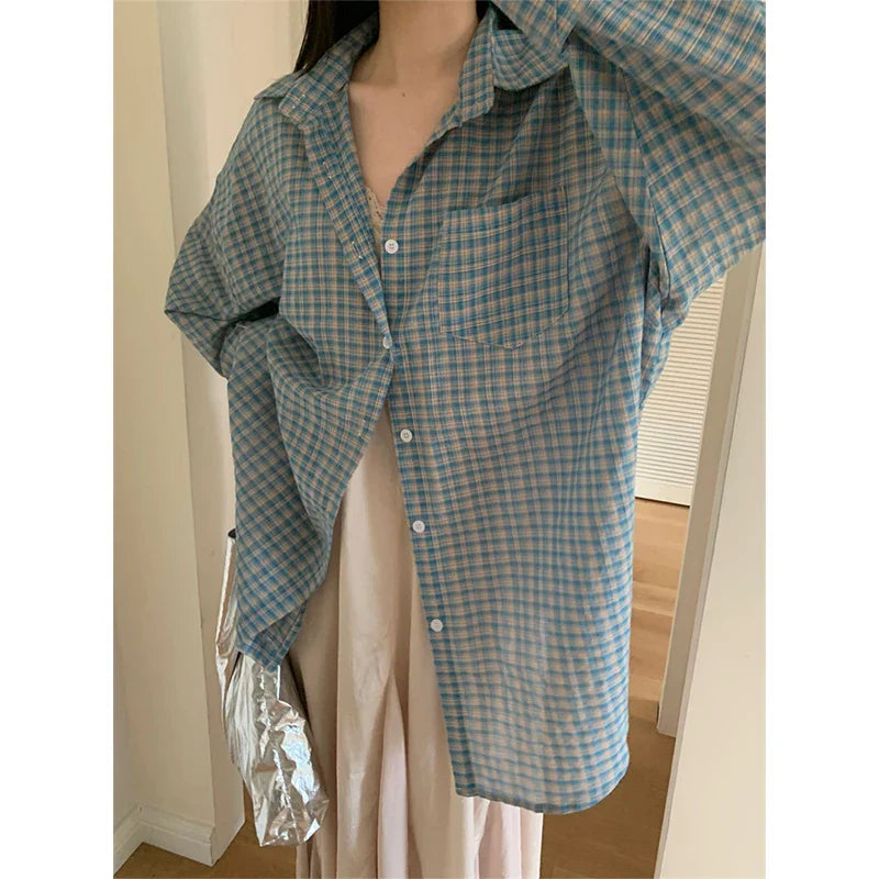 vmtvr Harajuku Plaid Sun Proof Shirts Women Streetwear Oversized Long Sleeve Blouses Summer Korean Fashion Loose Sun Protection Tops