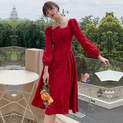 vmtvr Women Evening Dresses Long Sleeve Elegant Square Collar Red Sequins Simple Prom Party Dress Long A-line Formal Vestidos