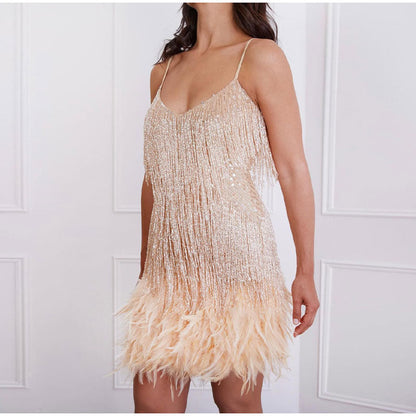 vmtvr Sequins Tassel Feather Spaghetti Strap Dress Women Fashion Sexy Stitching Mini Dresses Ladies Evening Party Club Elegant Dress