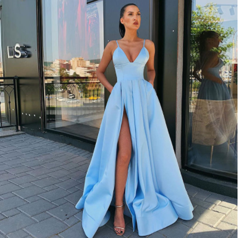 Sexy V- Neck Satin Prom Dresses Spaghetti Straps Side Slit Floor Length Evening Dress Party Dress Robe Soirée