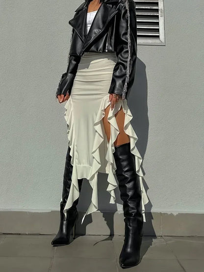 vmtvr Tassel Summer Female Long Skirt Ruffled High Waist Broken High Split Fashion Pleated Sexy Solid Patchwork Maxi Skirt