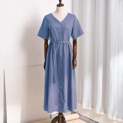 vmtvr  -  Vinatge Retro Cotton Linen Dresses For Women Chic Elegant V-Neck Button Up Streetwear Long Maxi Party Dress With Pocket And Belt