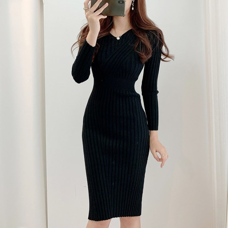 Vintage Long Sleeve Knitted Dresses for Women Party Robe Female Autumn Retro V-neck Bodycon Dress Korean Slim Waist Vestido