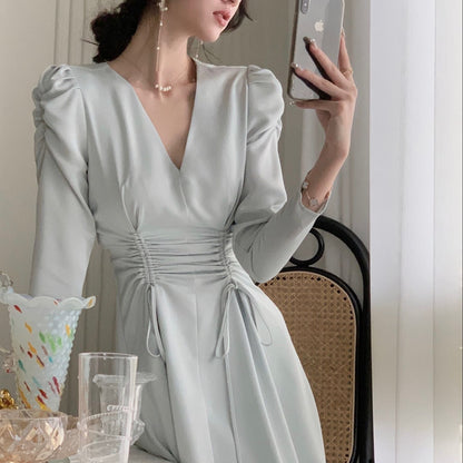 vmtvr New Women Elegant Midi Satin Dress Long Sleeve Party Vestidos One Piece Drawstring Slim Spring Clothes