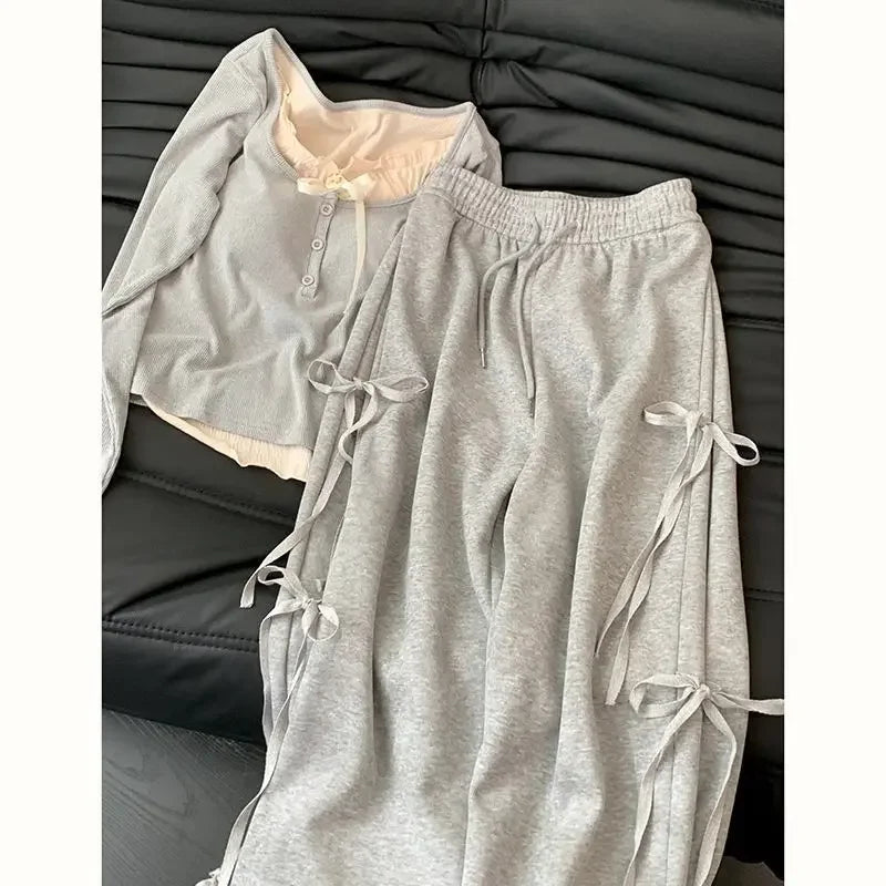 vmtvr Summer Korean Style Wear Gray Casual Top Female 2024 New Bow Design Super Sweet High Waist Slim Wide Leg Pants Two-piece Suit