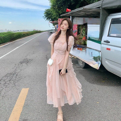 vmtvr - French Fairy Chiffon Midi Dress Women Short Sleeve Casual Boho Beach Sundress Women Pink Elegant Korean Dress Summer Chic