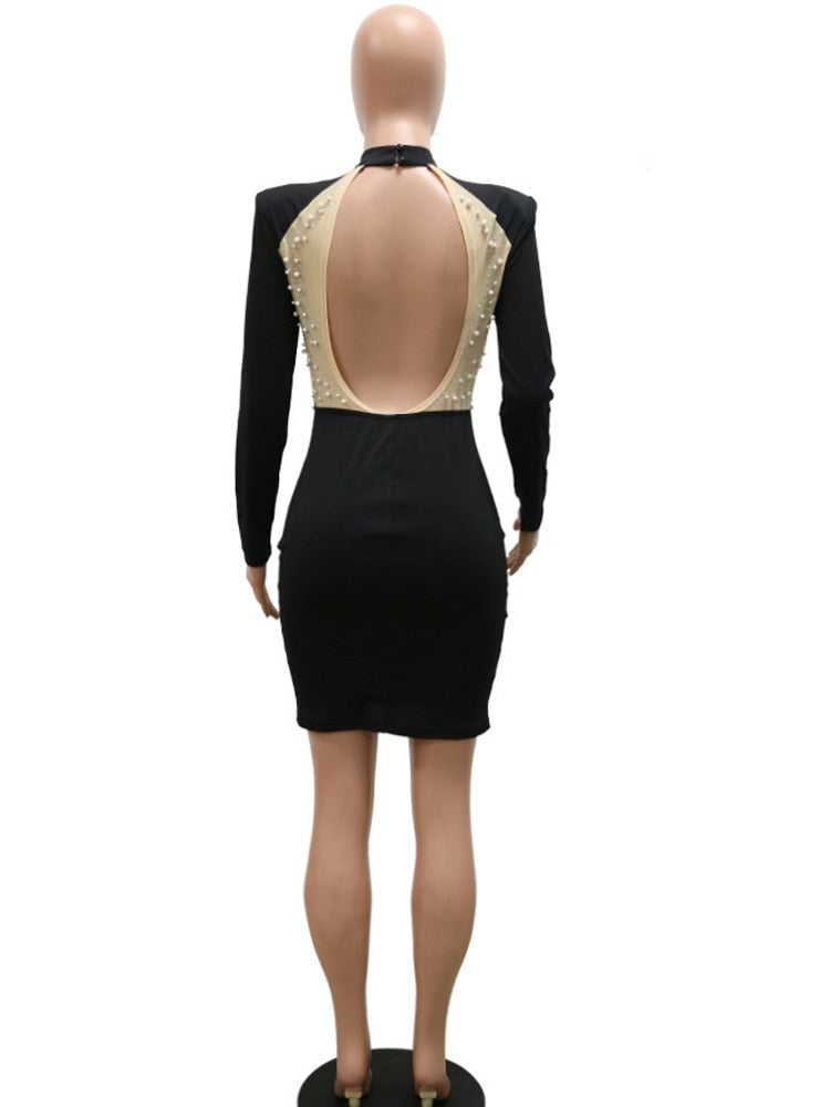 vmtvr - Cocktail Dresses For Women Evening Party Kricesseen Sexy Crystal Beading Mesh Patchwork Mini Dress Womens Long Sleeve Backless Bodycon Dresses Party Clubwear Outfits