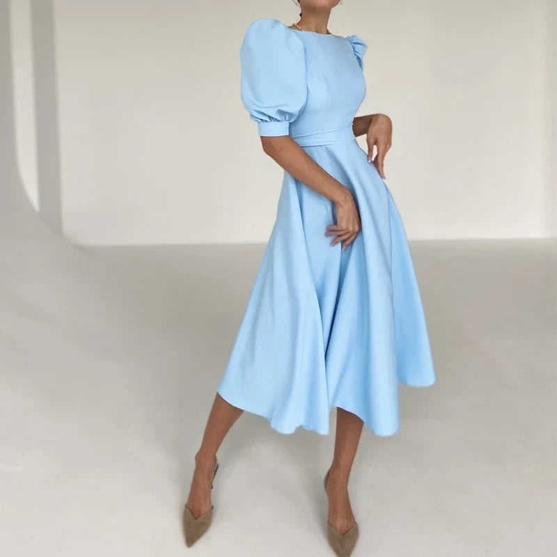 vmtvr Summer Luxury Round Neck Waist Women A-lien Dress Solid French Style Big Hem Long Dress Lady Puff Sleeved Commuter Party Dress