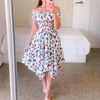 vmtvr Sexy Off The Shoulder Tube Top Dress Butterfly Rainbow Floral Print Dress Ladies Elegant Slim Summer Bohemian Party Maxi Dresses