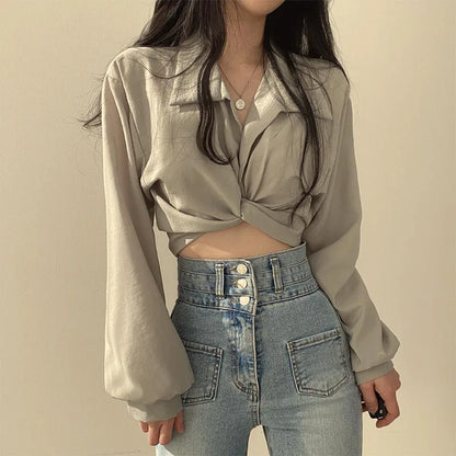 vmtvr Korean Clothing Fashion Women Short Navel Shirt Summer New Top Solid Sexy Bow Versatile Slim Female Chic Long Sleeve Blouse