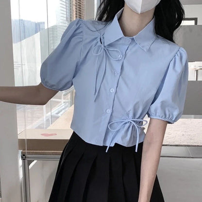 vmtvr Elegant Women Bow Shirt Korean Fashion Design Chic Tops Y2K Casual Female All Match Puff Sleeve Shirt Summer New