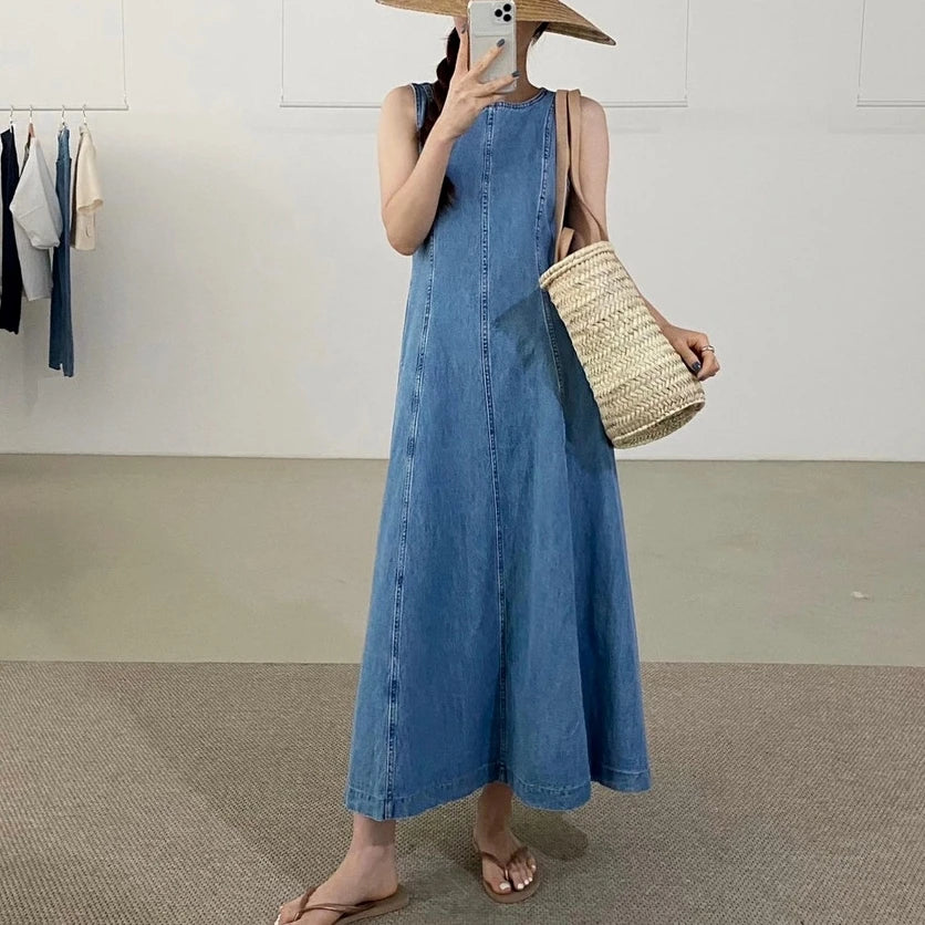 vmtvr Vintage Square Collar Denim Dress Casual Slim 2024 Summer Female Jeans Dress Zipper  Sleeveless Women Jeans Dress Vestidos S916