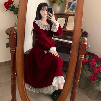 vmtvr  -  Christmas Dress Vintage Lace Splicing Gold Velvet Red Long Dress Elegant Thin Evening Dress Chic and Simple Autumn New