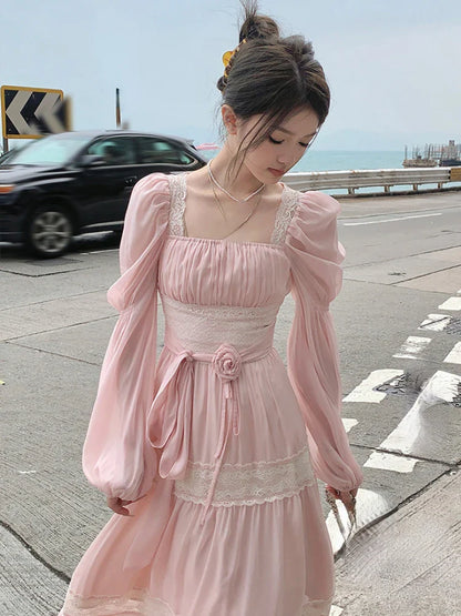 2024 Summer Woman French Elegant Lace Midi Dress Party Long Sleeve Korean Fashion Dress Beach Chiffon Fairy Slim Dress Chic