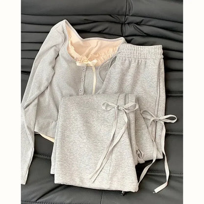 vmtvr Summer Korean Style Wear Gray Casual Top Female 2024 New Bow Design Super Sweet High Waist Slim Wide Leg Pants Two-piece Suit