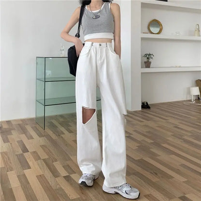 vmtvr Y2K Women Solid White Jeans Korean Retro Ripped Female Denim Trousers Summer Fashion Streetwear Loose Wide Leg Pants