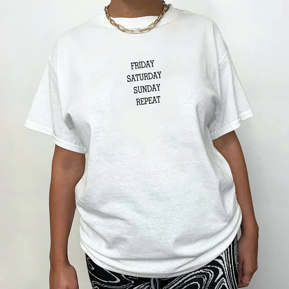 -Retro sports style outfit streetwear 90s fashion Friday Saturday Sunday Repeat Letters Printing Funny White T Shirts Female Loose Cotton Short Sleeve Tops Summer Fashion Tees