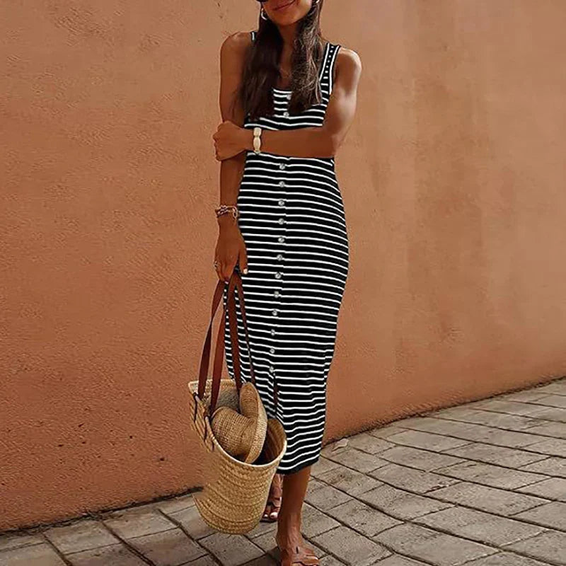 vmtvr Summer Sexy U-neck Sleeveless Tank Dress Lady Elegant Stripe Print Loose Long Dress Spring Fashion Button High Waist Party Dress