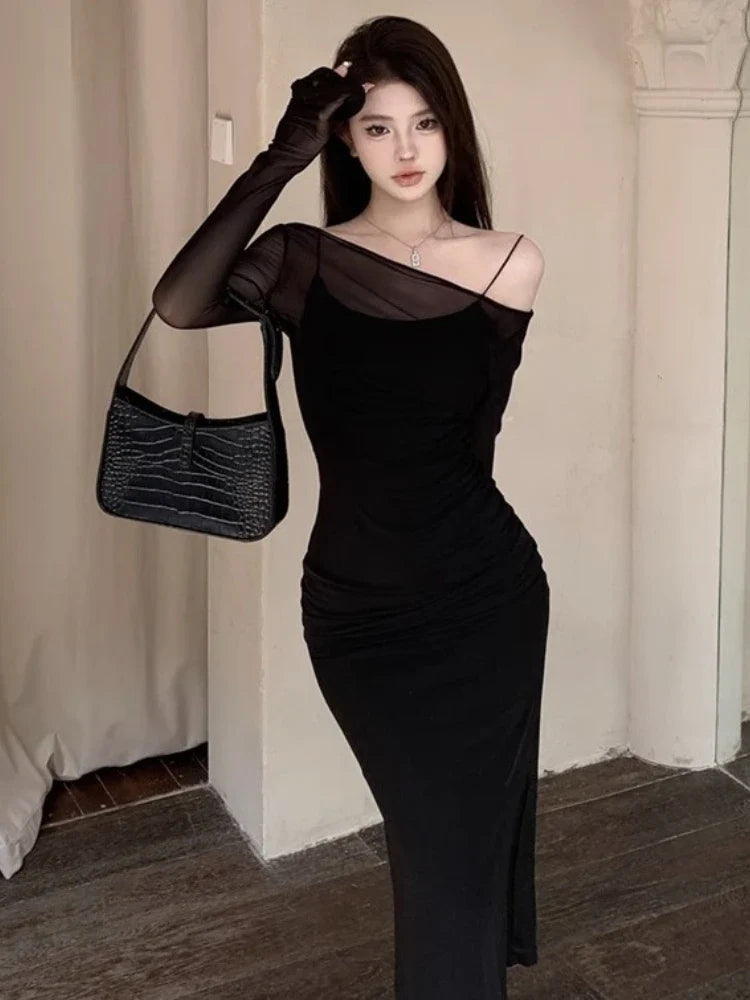 vmtvr Black Party Two-piece Dress Women Casual Sexy Mesh Bodycon Dress Summer Elegant Long Dresses for Women Korean Style Luxury