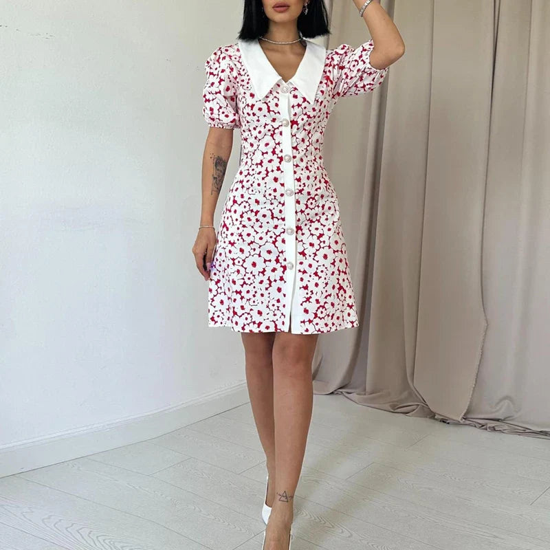 Shdowlass  -  Fashion Doll Collar Short Sleeve Party Dress Women Elegant Pattern Print Hight Waist Mini Dress 2024 Summer Casual A-Line Dress