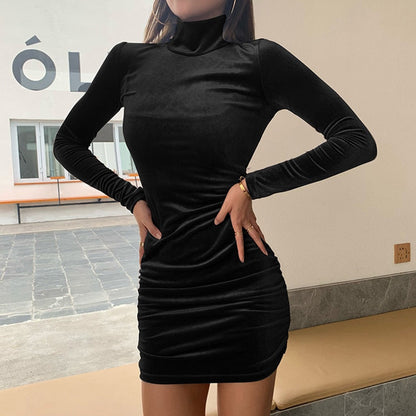 Velvet Dress Autumn Women  Long Sleeve Turtleneck Bodycon Mini Dresses Solid Slim Party Dress Clubwwear Vestidos De Noche