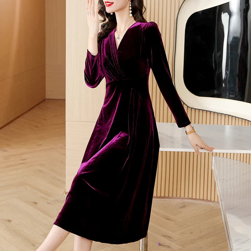 vmtvr  -  Red Velvet V-Neck Casual Loose Long Dress Autumn Winter Korean Vintage  Prom Dresses Women Elegant Luxury Vestidos