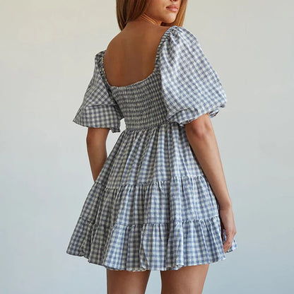 vmtvr Summer Plaid Dress for Women Half Sleeve Ruffles A Line Elastic Waist Women Midi Dress Elegant Fashion Summer Women Plaid Dress