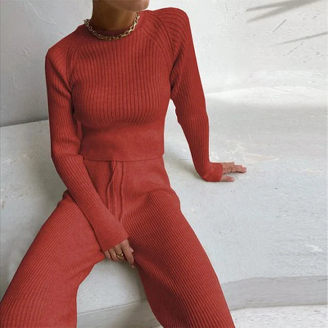 vmtvr Women Solid Knitt Sweater Sets Casual O Neck And Drawstring Wide Leg Pant Suit Autumn Winter Long Sleeve Homewear Loose Outfits