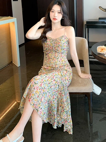 vmtvr 2024 Elegant Chic Fancy Women's Dress Korean Fashion Casual Sling Beach Long Dress Summer Bodycon Ruffled Mermaid Evening Dress