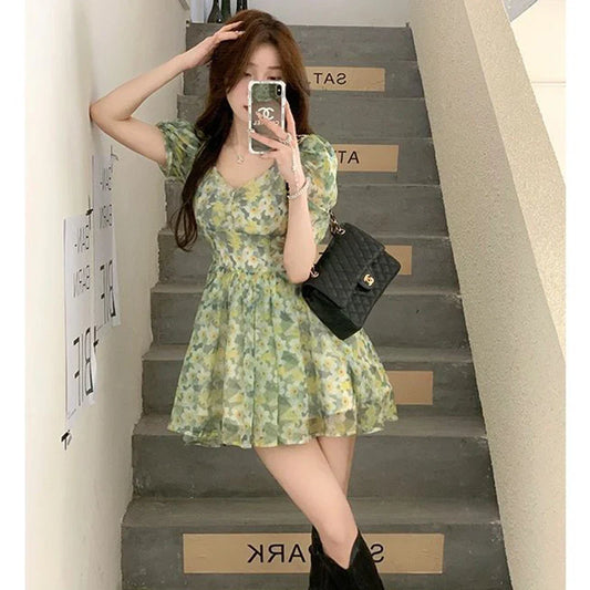 vmtvr Summer High Waist Dress Women Korean Fashion Floral Casual Mini Dresses Y2K Female Elegant Puff Sleeve A Line Dress