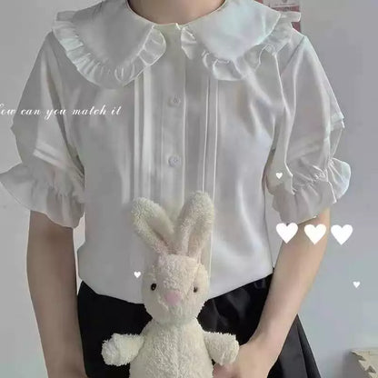 -QWEEK Japanese Sweet Lolita Style Blouses Women Kawaii Peter Pan Collar JK Shirts Girls Cute Ruffles Short Puff Sleeve White Top