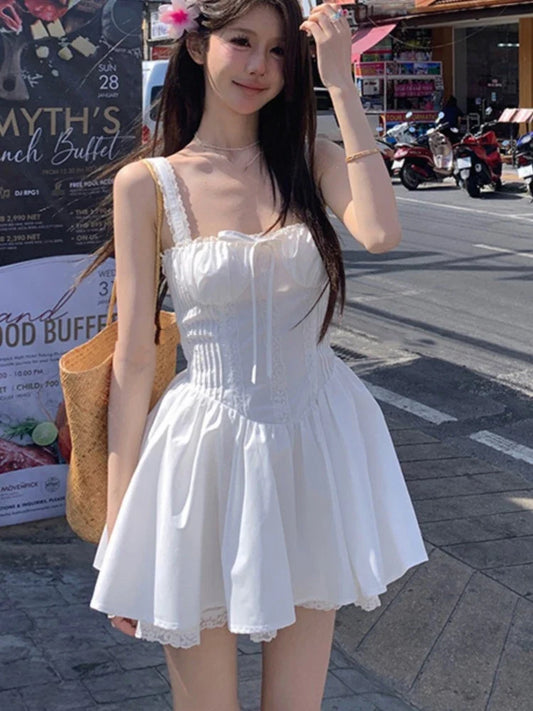 vmtvr Korean Chic Summer Short Dress Women New Spaghetti Strap Solid A-line Holliday Beach Party Dresses Y2K Kawaii One Piece Vestido