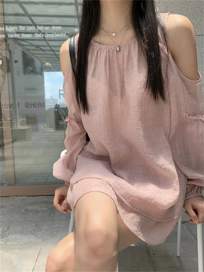 vmtvr Loose-Fitting Women Two Pieces Suits Off Shoulders Blouses Solid New Summer Mini Casual Skirts Streetwear Sets