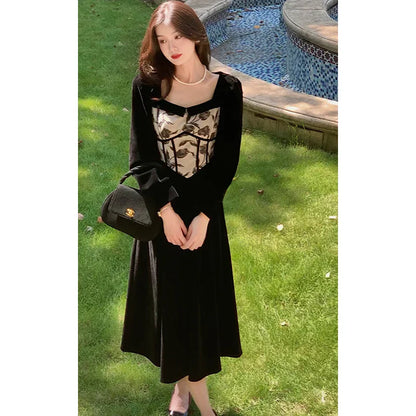 vmtvr  -  Elegant Women Dress Velvet New French Vintage Party Evening Dress Office Ladies Casual Long Sleeve Y2K Black Female Clothing