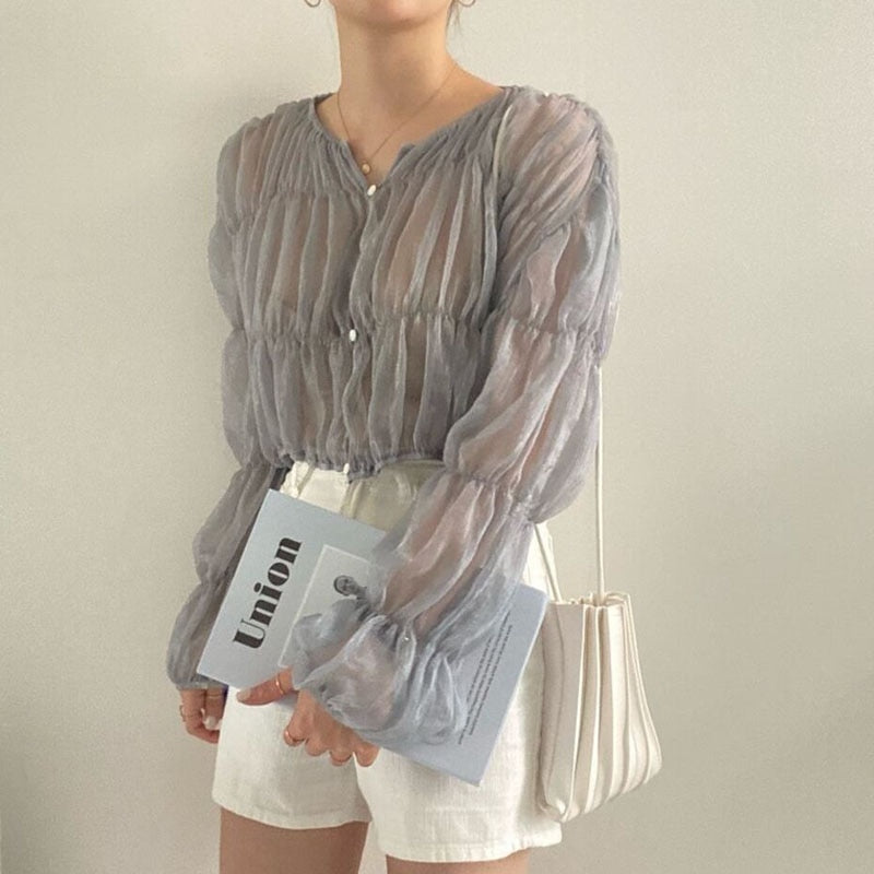 -Fall Outfits Long Sleeve Top Korean Fashion Pleated Casual Blouse Women Summer New Loose Folds Perspective Chiffon Shirt Long Sleeve Tops Blusas Mujer 15624