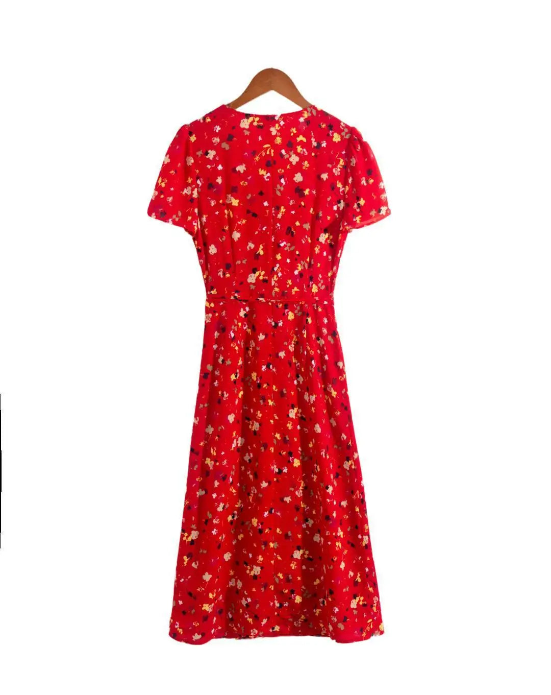 vmtvr Summer Floral Print Red Dress Women Holiday Beach Short Sleeve V-neck Wrap Midi Split Dresses