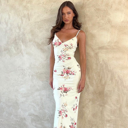 Sleeveless Floral Print Suspender Dress Women Fashion V-neck Slim Maxi Dresses  Summer Chic Female Beach Party Club Robe