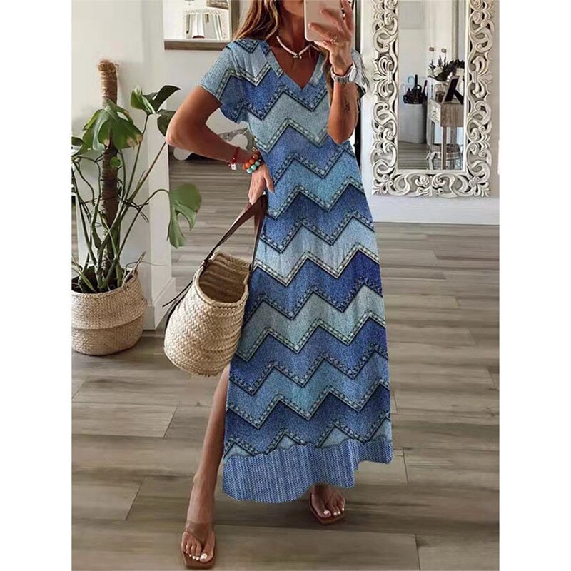 vmtvr Vintage Print Maxi Dress Women  Summer Elegant V Neck Short Sleeve Loose Split Casual Dress Female Party Boho Beach Vestidos