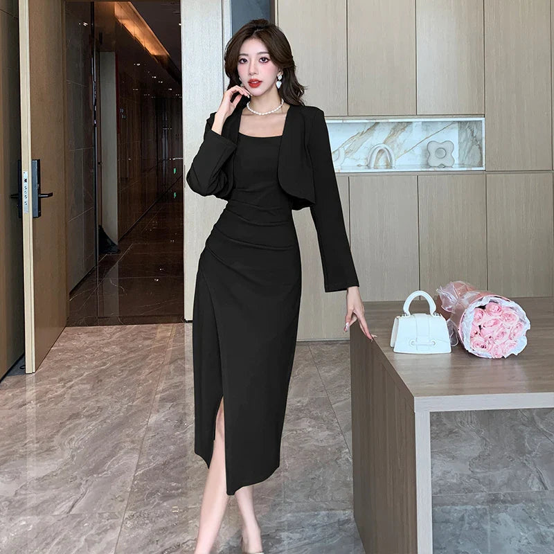 vmtvr New Vintage Solid Elegant Midi Dresses for Women with Long Sleeved Cardigan Autumn Fashion Party Birthday Dress Korean Style